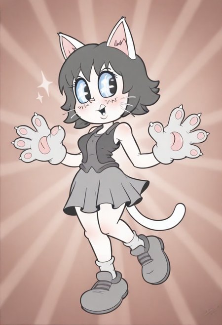 masterpiece, best quality, highly detailed, high resolution, absurdres, amazing quality, intricate detail,  RetroXL, toon \(style\), flat color, black eyes, cat ears, cat tail, whiskers, big eyes, large head, small body, eye sparkle, starburst background, skirt, socks, shoes, vest, sleeveless, paw gloves, large paws,