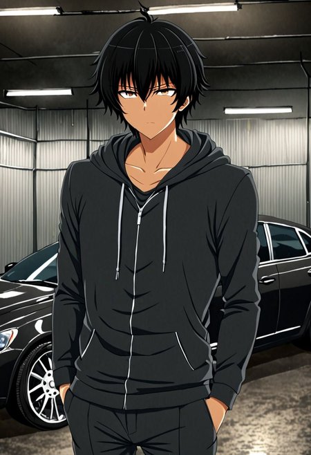 high resolution, solo, best quality, 1Boy, Seiya Kanie, black hair, short hair, thin, lounge suit, hoodie, car garage, OverallDetail