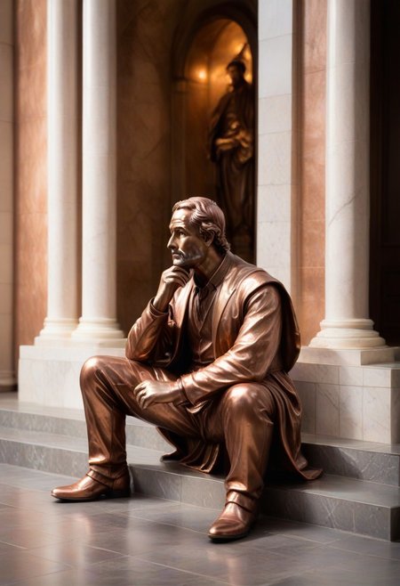 a copper statue portraying a wise man sitting on stairs, bleak, hands on chin, thinking, hopeless, depressing, enshrined in an alcove, marble church background
BREAK
CivChan