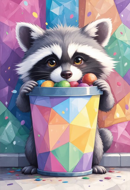 Illustrate an adorable polygonal raccoon peeking out from behind an abstract trash can filled with colorful items using shades of gray and black for its fur while employing sharp angles to define its features playfully against a vibrant urban backdrop filled with stylized graffiti.
ArsMJStyle, Oil Pastels, Flat illustration, colorful, polygonal art, abstract.