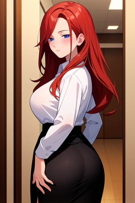 score_9, score_8_up, score_7_up, score_6_up, source_anime, 1girl, solo  <lora:renanakano-pdxl-nvwls-v1-000004:1> 5hrn, red hair, long hair, blue eyes, white shirt, collared shirt, long sleeves, black skirt, large breasts, from behind, looking at you, blush, half-closed eyes, blush, hand on hip, hallway