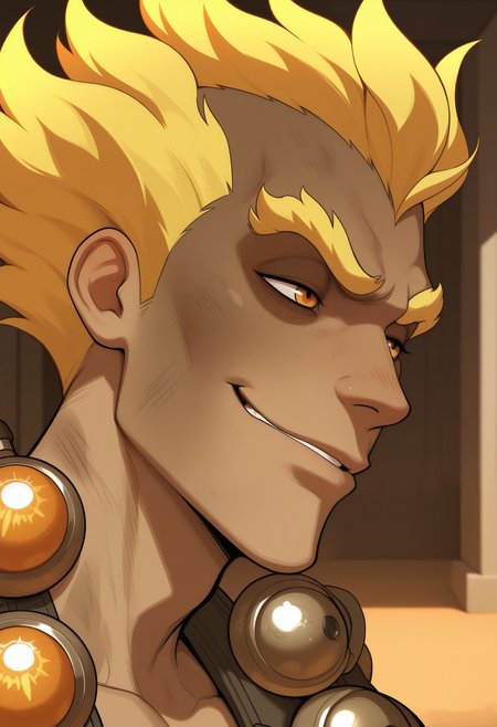 masterpiece,best quality,amazing quality,1boy, solo, junkr4t, human, yellow hair, fiery hair, dirty, orange eyes, harness, dirty, close up, side angle, smug,