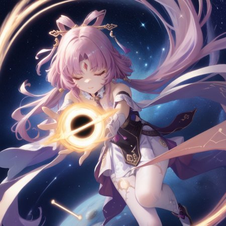 score_9,score_8_up,score_7_up,score_6_up, masterpiece:1.2, absurdres, fuxuan, white pantyhose, high heels,eyes closed, full body, cosmos above, majestic, anatomically correct, sea of clouds with blue and golden mist background, cosmic background, reaching hands out, holding purple and gold black hole, 
above the clouds,
golden sparkles, golden stars,