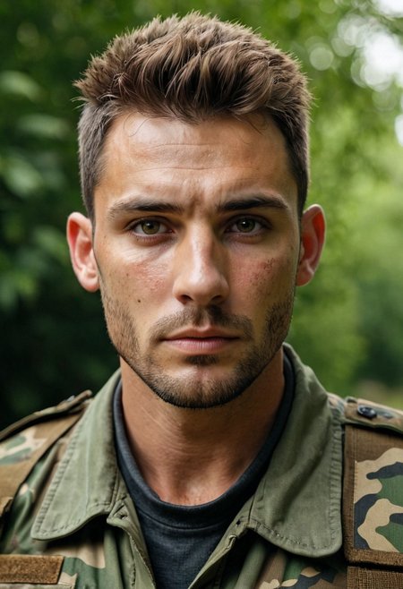 masterpiece, photorealistic, 1boy, handsome man, age 35, athletic, flak jacket, camo, stubble, mowhawk, eyepatch, RAW candid cinema, 16mm, colour graded Portra 400 film, remarkable colour, ultra realistic, textured skin, remarkable detailed pupils, realistic dull skin noise, visible skin detail, skin fuzz, dry skin, shot with cinematic camera, frown, big hazel eyes, subsurface scattering, bokeh, green foliage background