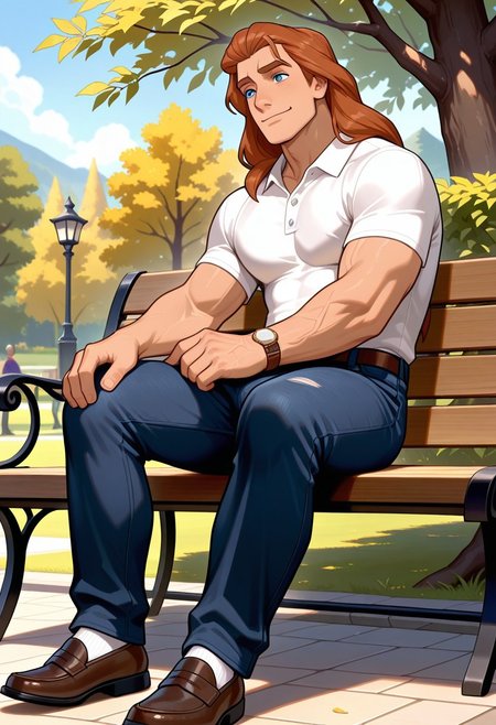 masterpiece,best quality,amazing quality,very aesthetic,absurdres,newest, huge filesize, Prince_Adam_BTB, 1man male focus, solo, auburn hair, blue eyes, lean and athletic, mature,  long hair, strong, long legs, tall, manly, masculine, classy, artistic, relaxed look, small smile, park, sitting on a park bench, Polo shirt,  loafers, dark denim jeans, wristwatch