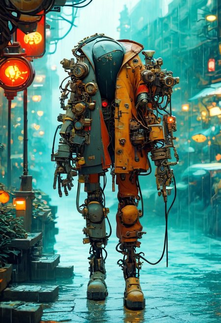 score_9, score_8_up, score_7_up, score_6_up,Dense fog permeates the air, rain, wet streets, puddles, dreary grim shades, dark colors, faded greens and faded blues, retrograde steampunk wired-cyborg reconstructed from spare parts, intricate mechanical parts and wires, robotic arms, spider-tank legs, 6 legs, mismatched legs, thick cable plugged into back of head | high-contrast palette, highly detailed, cinematic quality, modern art, timeless feeling