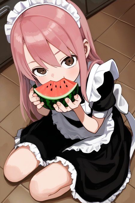 score_9, score_8_up, score_7_up, rating_safe BREAK
1girl, :t, looking at viewer, long hair, pink hair, brown eyes, black dress, maid dress, flat chest, sitting, on floor, (eating, melon), from above, kitchen