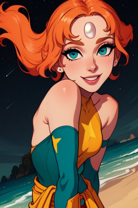 Pearl,short orange hair, forehead jewel, half-open eyes, close up, smiling , solo,  upper body  
PeDres,Blue leotard with tiny gold star on front, small blue skirt, teal ribbon around waist, yellow bike shorts, pink socks, bare shoulders ,sleeveless,
 nighttime, beach, stars,
 (insanely detailed,beautiful detailed face, masterpiece, best quality)
 <lora:Pearl-10v3:0.8>