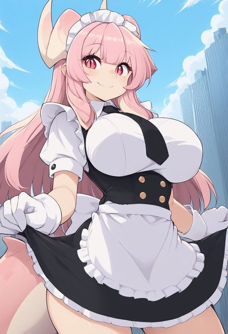 score_9, score_8_up, score_7_up, source_anime,
dragonilulu, <lora:dragon-ilulu-ponyxl-lora-nochekaiser:1>,
ilulu, curled horns, horns, long hair, multicolored hair, purple hair, red eyes, red hair, slit pupils, smile, huge breasts, curvy, blue sky, looking at viewer, cowboy shot, dutch angle, gloves, dress, tail, short sleeves, necktie, white gloves, maid, maid headdress,