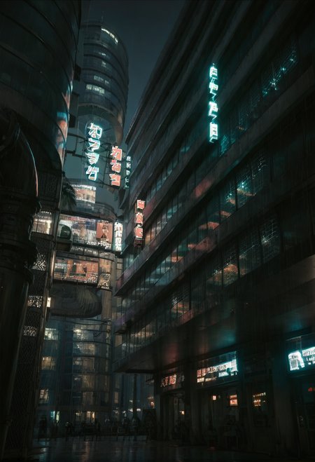 ,ruanyi0887,skyscraper,outdoors,night,neon lights,<lora:0887 Commercial street at night_v1_pony:1>, score_9,score_8_up,score_7_up,,8k,1girl,solo,,