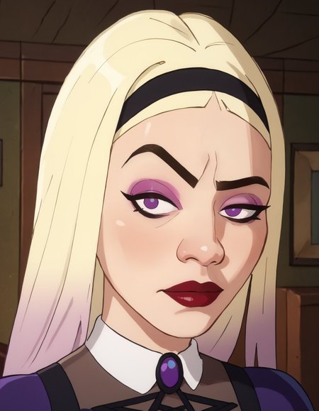 score_9, score_8_up, score_7_up, score_6_up BREAK, RocksEyebrowRaise, upper body, portrait, raised eyebrow, thick eyebrows, 1girl, blonde hair, black hairband, nose, makeup, red lips, purple eyes, long hair, dress, gradient hair, puffy short sleeves, thighhighs, goth boots,mal1c3-dh  <lora:add-detail-xl:0.5> <lora:Malice_-_Kite_Man:0.7> <lora:RocksEyebrowRaise_XLPD:1>
