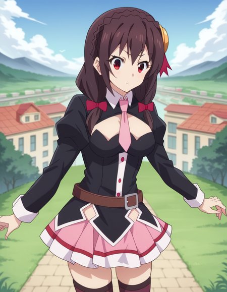 score_9, score_8_up, score_7_up, source_anime,
yunyun, <lora:konosuba-yunyun-s1s2-ponyxl-lora-nochekaiser:1>
yunyun, black hair, hair ornament, red eyes, bow, braid, crown braid,
skirt, thighhighs, long sleeves, necktie, belt, clothing cutout, cleavage cutout, pink skirt, pink necktie,
outdoors, cityscape,
looking at viewer, dutch angle, cowboy shot,