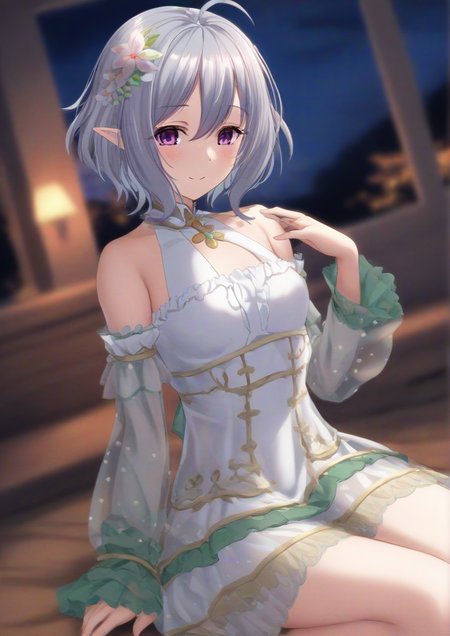 1girl, kokkoro (princess connect), by kodoto, antenna hair, bare shoulders, blurry, blurry background, breasts, closed mouth, depth of field, detached sleeves, dress, dutch angle, elf, flower, grey hair, hair between eyes, hair flower, hair ornament, hand up, indoors, long sleeves, looking at viewer, pink flower, pointy ears, puffy long sleeves, puffy sleeves, purple eyes, see-through, see-through sleeves, short hair, sitting, sleeveless, sleeveless dress, small breasts, smile, solo, white dress, yokozuwari,  <lora:ãããK_liroi_style:1>
