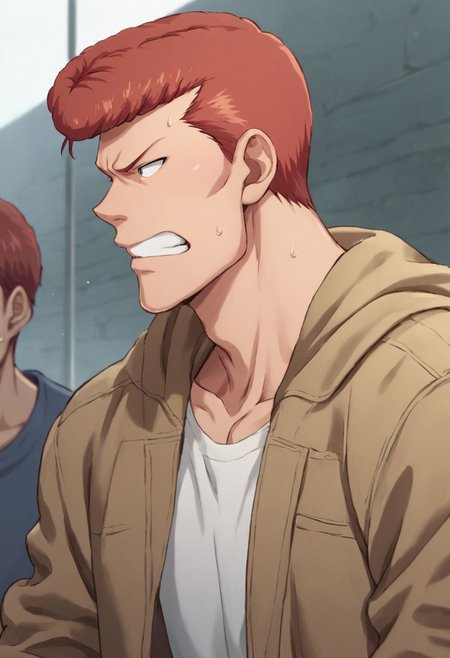 score_9, score_8_up, score_7_up, muscular male, big pecs, kuwabu,
short hair, shirt, 1boy, jacket, upper body, sweat, multiple boys, open clothes, teeth, solo focus, hood, sweatdrop, blurry, from side, clenched teeth, pompadour, male focus, background, muscular male, anime, red hair, bara