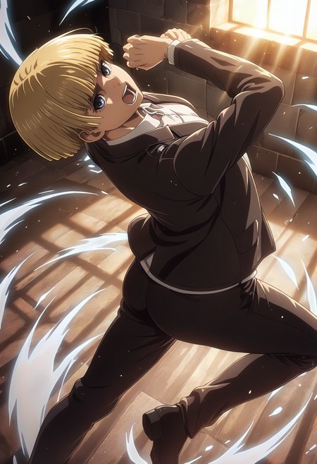 masterpiece, best quality, 32k, high resolution, absurdres
1girl, solo, yelena, blonde hair, dark blue eyes, short hair, bowl cut, blunt bangs
formal, white shirt, black pants, black jacket, long sleeves, black footwear
dynamic pose, standing, looking at viewer, shouting, angry, upper body, dutch angle
indoors, Attack on Titan city, Marleyan headquarters, fantasy office
motion lines, from both sides, light particles, dynamic angle,  cinematic angle, various angles, detailed background, beautiful background, (rays light:1.0),(grow:1.0) vivid colors, shiny and glossy, anime style, high-res, beautiful aesthetic, very intricate, high-quality details, vibrant, 
<lora:add-detail-xl:1.10> <lora:spo_sdxl_10ep_4k-data_lora_webui:0.95> <lora:noobai_ep11_stabilizer_v0.138_fp16:0.6> <lora:StS-Illustrious-Detail-Slider-v1.0:1.10> <lora:cfg_scale_boost:0.95> <lora:nyalia:0.20>    <lora:lora.TA_trained:1>