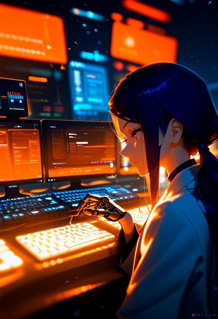 side view, jill stingray, face focus, close-up, dynamic pose, low ponytail, lab coat, typing on a keyboard, multiple strong light source in background, suit, pencil skirt, cybernetic enhancements, from above,
score_9, score_8_up, score_7_up, score_6_up, score_5_up,  ultra detailed,excellent quality, dark shadows, black tone, high contrast between light and shadow, modern clean corporate building, high resolution, masterpiece, best quality, depth of field, sterile corporate architecture, laboratory, large lab screens, computer displays, research facility, multiple level structure interior, fisheye effect, spatial distortion, perspective, black theme, yellow theme, orange theme, blue theme,