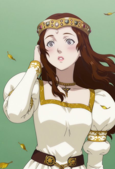 anime screencap, anime coloring,  <lora:DX888Charlotte:1> charlotte, grey eyes, brown hair, lips,hair down, long hair, princess, crown,  necklace, puffy sleeves, long dress, BREAK simple background, green  background, BREAK   1girl, blush, falling leaves, hand in own hair, leaf, parted lips, solo, upper body, wide-eyed, wind, floating hair,