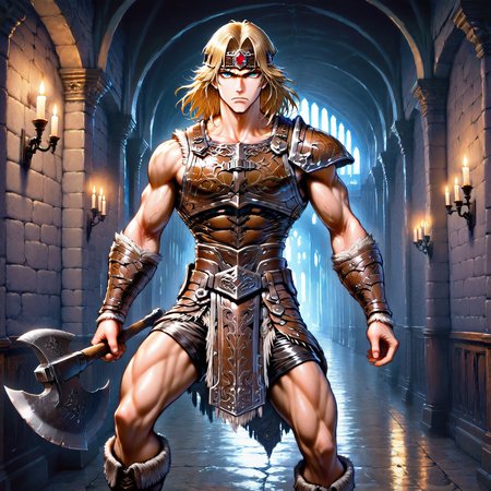 masterpiece, best quality, amazing quality, csdb, hatching (texture), gradusian, SIMOIL, solo, 1boy, male focus, muscular, toned male, blue eyes, leather armor, leather headband, red jewel on headband, breastplate, leather shorts, stylized loincloth, one pauldron, vambraces, medium hair, blonde hair, boots, leather tassets, indoors, castle hallway, wall candles, serious, holding small axe