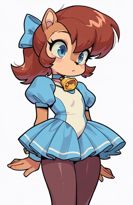 1girl, solo, <lora:knuxze:1> knuxze,
sally acorn, chipmunk, brown fur, brown hair, blue eyes, little girl, petite, magical performer outfit, puffed sleeves, bell skirt, pantyhose, choker, hair bow, extremely detailed, highres, masterpiece, best quality