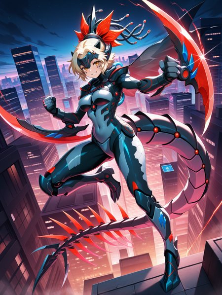 dinomorphia kentregina, 1girl, solo, smile, city, mechanical claw boots, grey bodysuit, grin, looking at viewer, teeth, facial mark, full body, medium breasts, cityscape, skyscraper, outdoors, mechanical headgear, clenched hand, mechanical forehead protector, red arm blade, mechanical gauntlets, see-through cape, mecha dragon girl, fighting stance
masterpiece,best quality,amazing quality,very aesthetic,absurdres,newest,<lora:Dinomorphia Kentregina illuXL v1:0.7>,