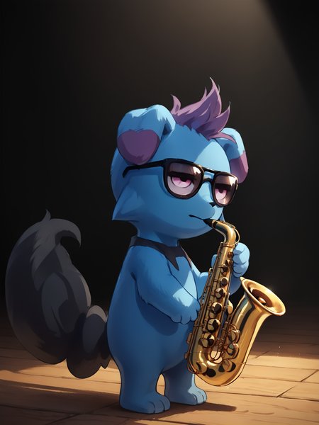 score_9, score_8_up, score_7_up, score_6_up, score_5_up, score_4_up, inside, darkness, black background, solo, wood floor, spotlight, close-up, side view, cinematic lighting BREAK
<lora:Sheeps_Saxophone:0.8> SH_S4X, <lora:Depresso_PDXL_v21-000010:0.9> Depresso, blue body, purple hair, pink eyes, black tail, (sunglasses:1.1), standing, playing instrument, saxophone