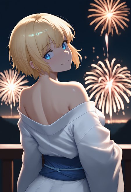 anime, masterpiece, best quality, newest, solo, 1girl, 1r1s, smile, looking back, short hair, blonde hair, blue eyes, japanese clothes, white kimono, off shoulder, blue sash, bare shoulders, outdoors, night, fireworks
<segment:yolo-Anzhc Face seg 640 v2 y8n.pt,0.4,0.5//cid=1>