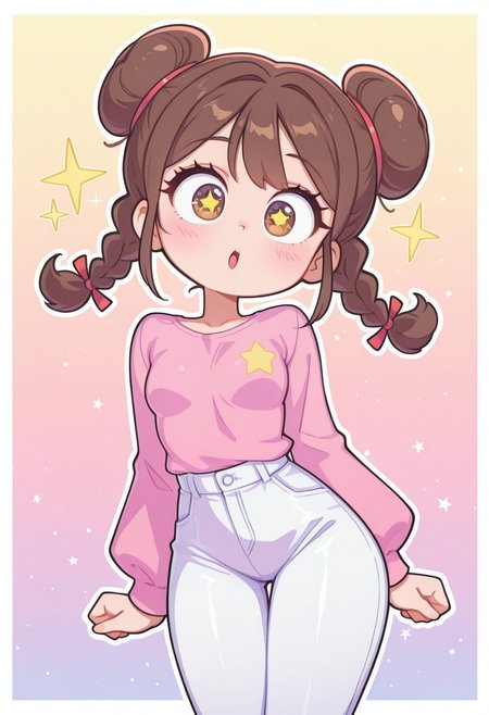 incredibly_absurdres, amazing_background, best quality, pastel_colors, bright_colors, colorful, soft_colors, chibi, star_(symbol), sparkle, white border, 1girl, tong_pooh,  braid, breasts, brown_eyes, brown_hair, double_bun, drop_shadow, hair_bun, shiny hair, flat chest, hair_ribbon, long_hair, medium_breasts, open_mouth, outline, pants, red_ribbon, ribbon, solo, twin_braids, white_outline, white_pants, kawaii_babes_style, SNRA-illu
