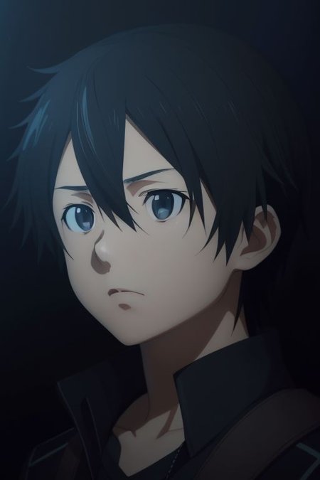 high resolution, solo, best quality, 1Boy, Kazuto Kirigaya, portraits, Black Hair, Black Eyes, cool, Mysterious black background, Movie lighting, a sense of atmosphere, OverallDetail