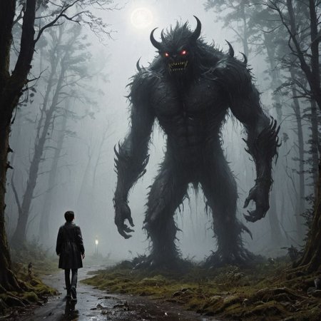 night, gloom, fog, dark, rain, ((NIGHT)),
(((Photo with flash))), 
monster, comes, forest,
Very_tall, Tall_giant,