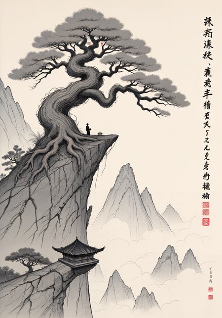 A delicate hanging scroll painting in Song Dynasty style depicting a thousand-year-old cypress tree clinging to a sheer cliff face, its gnarled roots visibly gripping the stone like dragon claws. The ancient tree stands as a symbol of longevity and resilience, rendered in masterful xieyi brushwork with varying ink tonalities from rich black to subtle gray. Surrounding mist partially obscures distant peaks, creating negative space that emphasizes the tree's solitary majesty. Delicate red seal marks in the lower corner balance the primarily monochromatic palette, while a small scholar figure contemplates the scene from a tiny pavilion nestled in the rocks below. The composition embodies the Taoist principle of living in harmony with nature's strength, with fine calligraphic inscription suggesting the tree's silent wisdom across centuries. Executed on textured rice paper with traditional mineral pigments, conveying subtle luminosity through translucent layers. <lora:UkiyoFusion-FLUX:0.7> <lora:FluxDFaeTasticDetails:0.3> <lora:RM_JamesJean_v0.5:0.4> <lora:Ganin_II:0.8> <lora:flux_dev:1>