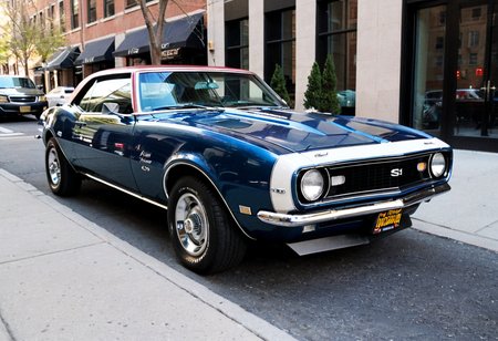 ClassicMuscleCar, Chevrolet Camaro, front side view, sunny, New York street, headlights, 4K, highly detailed, (stylish grainy analog 35mm film photo)