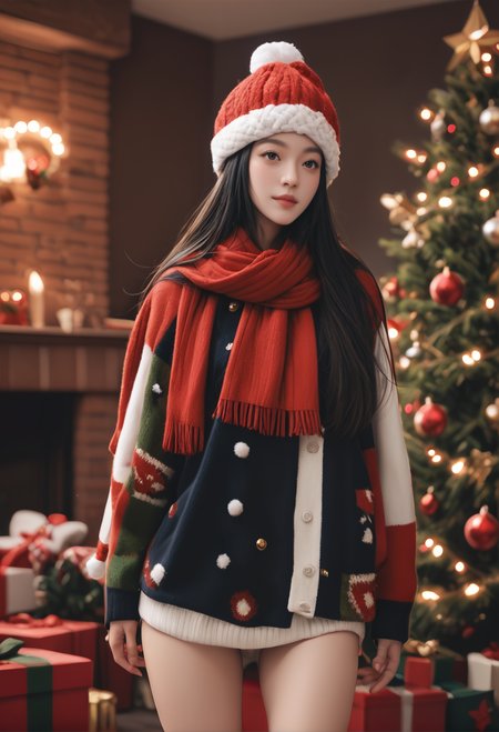 1girl,,ruanyi1386,beanie,multicolored clothes,red scarf,christmas,standing,thigh gap,christmas tree,blurry background,<lora:1386 christmas_v1_pony:1>, score_9,score_8_up,score_7_up,,8k,solo,,