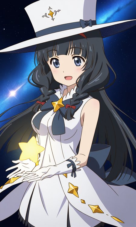 general,highres, ultra-detailed,very aesthetic,best quality ,best hands,  BREAK <lora:Itsuki_Houkago_no_Pleiades_IS:1> BREAK,
Itsuki(Pleiades), 1girl,solo, black hair, long hair, blue eyes, red hairband, twin braids, blunt bangs,breasts, anime coloring, BREAK,
hat, solo, gloves, open mouth,  top hat, space, magical girl, smile, bow, white headwear, white dress, star (symbol),
galaxy,