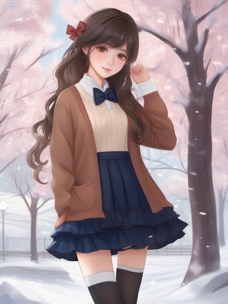masterpiece, best quality, girl, long hair, looking at viewer, brown cardigan , frilled socks, hair_bow, bowtie, in winter, blush, sweater dress, ,<lora:sl_sila0.8>