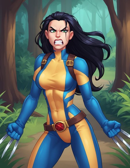score_9, score_8_up, score_7_up, score_6_up, panthea-dh, BREAK, LraKinyX, long hair, bodysuit, gloves, belt, angry, claws (weapon), forest <lora:Panthea_Style:0.8> <lora:add-detail-xl:0.5> <lora:Laura Kinney X-23PonyLoRA:0.7>