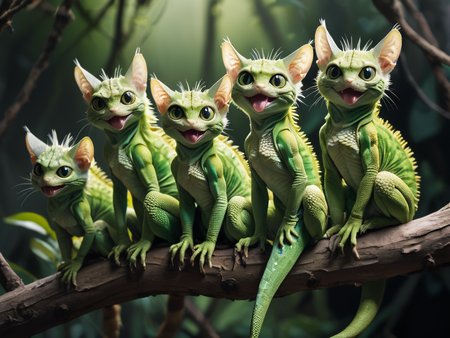 high-resolution photo of a family of green lizard-cat-creatures sitting on a branch, long_tongue, big_eyes,highly detailed fluffy fur and scaly_skin, cat-ears,frills, lizard-cat-tails, analog film,  film photography, soft lighting, heavy shadow, 16k HDRI, sharp focus, lots of detail, cinematic piercing lighting