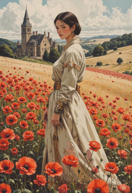 retroanime, sp4c34n1m3, A noblewoman in an opulent silk gown stands gracefully in a golden field of poppies, the sunlight casting a warm, impressionistic glow on the landscape behind her., surreal fashion photography, romantic landscape watercolor, ethereal atmosphere, classical elegance, dreamlike compositions, fine art portraiture, soft lighting, historical costume fusion, modern surrealism, 19th century british romanticism, muted color palette, painterly textures, architectural backdrops, layered symbolism, poised figures, cinematic staging, nature-infused settings, refined drama <lora:Dark_Gray_Photography_flux:0.35> <lora:Space_Anime:0.70> <lora:Flux_Anime_Retro_Style-000017:0.50>