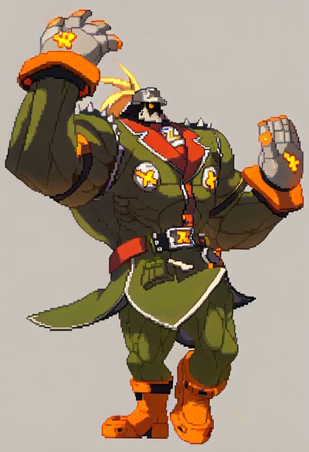 score_9, score_7_up BREAK simple background, full body, pixel art,ggstpot, muscular male, helmet, green jacket, pants, boots, gauntlets, belt, spikes, ponytail, yellow eyes, spikes,stnading,open hands,grabbing,hands up <lora:Guilty-Gear-SpritesV2-pdxl_Fp:1> <lora:ggstpot_pd_t3:1>