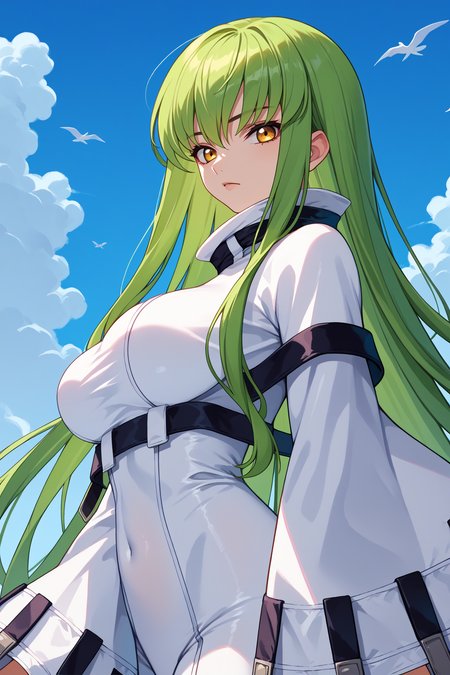 score_9, score_8_up, score_7_up, score_6_up, source_anime, 1girl, solo, <lora:cgcc-pdxl-nvwls-v1-000005:1> cgcc, green hair, very long hair, yellow eyes, white bodysuit, straitjacket, black straps, wide sleeves, big breasts, upper body, from side, looking at you, blue sky, clouds, covered navel