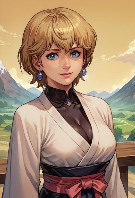 score_9, score_8_up, score_7_up, source_anime,
, (best quality) , (highly detailed) ,masterpiece ,absurdres ,detailed face ,beautiful face ,
<lora:pony_xl_Hildegard:0.8>,Hildegard,score_9,score_8_up,1girl,female,kawaii,solo,short hair,earrings blond hair
  japanese clothes, hair ribbon, fingerless gloves, cleavage, pink obi, black pants, posing, dynamic angle, happy, looking at  viewer, mountain landscape,
best quality, masterpiece, very aesthetic, ,,(portrait, upper body),
OverallDetail