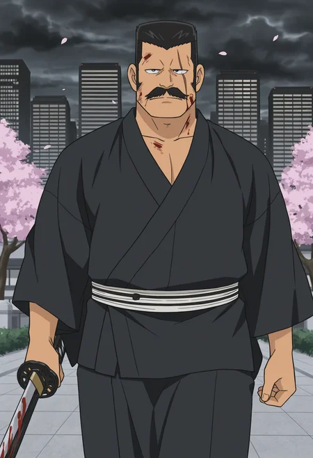 1boy, (cowboy shot), looking ahead, walking, blade, serious, facing viewer, blood on face, dirty face,
BREAK
<lora:Kiyonaga_Matsumoto_from_Detective_Conan_v1.1:1> (plump:1.2), (long sideburns:1.5),
kiyonagamatsumoto, mature male, black hair, no eyebrows, flattop, thick mustache, forked mustache, scar across eye, anime screenshot,
BREAK
samurai, holding sword, katana, japanese clothes, cherry blossoms, temple, skyscraper, city, dark clouds,
BREAK
very awa, masterpiece, best quality, absurdres, newest, perfect quality, detailed background, intricate details,