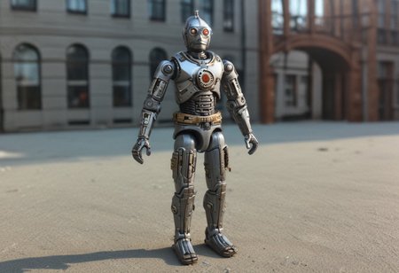 realistic grey iron steampunk android, boots, miniature, hyper realistic, action figure, reality-shot, realism, realistic photography of a very detailed awesome robot, in a cyberpunk modern city environment, looking at viewer, magical landscape with enchanted elements, fantasy art style, modern theme, intricate details, ultra sharp, exquisite detail, flawless composition, vivid colors, masterpiece, exciting background, looking at viewer, solo, ral-rbtcprtz, novuschroma53 style, C-3PO