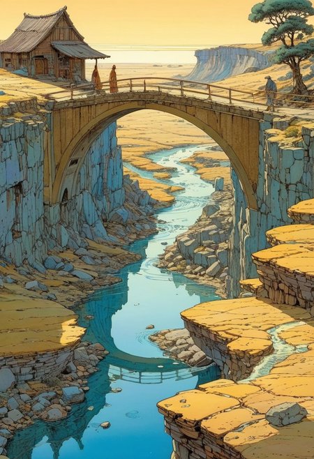 masterpiece, landscape,  small bridges, flowing water, ancient roads, west wind, thin horses, and heartbroken people at the end of the world!, amazing, pretty,glass,gold, Moebius art style,