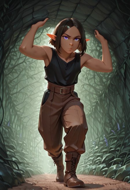 1 Lapanya, solo, Repeta, violet eyes, small nostrils, black sleeveless top, brown pants, brown boots,
Frowning, one foot up, about to step,
low angle, looking at viewer,
Medieval style, Smooth colors, detailed eyes, organic cavern background, clean lines, high quality, best quality, masterpiece, rating: safe,  
source: anime,