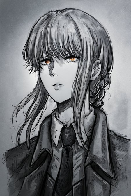 score_9, score_8_up, score_7_up, score_6_up, score_5_up, score_4_up, <lora:mak1ma0XL_Pony_v1:1> , mak1ma0, long hair, braid, ringed eyes, collared shirt, necktie, pants, <lora:drawing_style_pony:1>, drawing_style, drawing, sketch, 1girl, solo, alone, lines drawing, monochrome, greyscale, masterpiece, highres