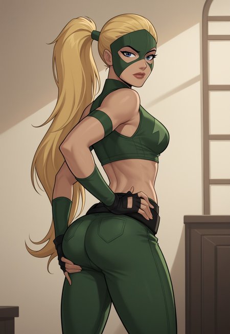 safe_pos, PonyXLV6_Scores BREAK (((parody style, parody:1.2)), perfect anatomy, cowboy shot) <lora:Artemis:0.8> artemis, blonde hair, long hair, ponytail, blue eyes, flirting, raised eyebrow, ((looking back at viewer)), mask, green crop top, midriff, navel, arm band, fingerless gloves, gloves, green pants, kneepads, curvy, toned, athletic, breasts, standing, hand on hip, hand on own ass, sexually suggestive, indoors