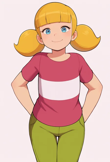 masterpiece, best quality, very aesthetic, absurdres,
1girl, penny, blonde hair, twintails, blunt bangs, blue eyes,
shirt, short sleeves, green pants,
standing, upper body, smile, looking at viewer, solo, simple background, white background  <lora:PennyNoobXL_byKonan:1>