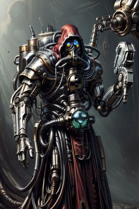((masterpiece,best quality)), absurdres, BREAK
mechanical arms, robes, hood, BREAK
((techpriest)), cyborg, mechanical face, mechanical limbs, gas mask, mechanical tentacles, (mechanical backpack), blue cloak, BREAK
1other, solo, holding gun, weapon, gun, firearm, BREAK
(chrometech ),