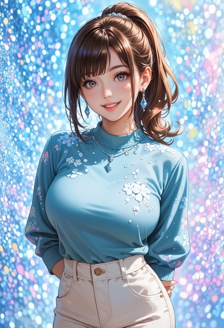 score_9, score_8_up, score_7_up, masterpiece,source_anime, best quality, perfect anatomy, very aesthetic, ((outlined outlined vector graphics)),glittering, glimmering, blue theme,detailed background,cowboy shot,cute face,
1girl,20yo, brown hair, gray eyes, (large breast:1.1), (ponytail:1.1), medium hair,(curvy:1.1),bangs,
, looking at viewer,, jewelry, earrings, parted lips,, long sleeve ,  standing , ,  arms behind back ,white pants, (clothed:1.4) , smile , rainbow, casual ware, rainbow powder background   <lora:rainbow-powder-background-01:0.9>