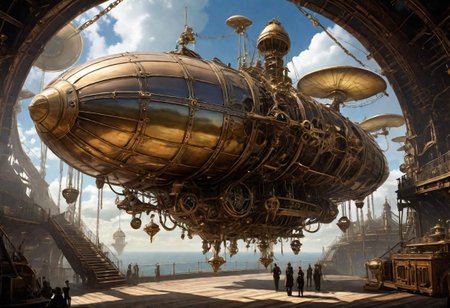 A majestic airship, a marvel of the steampunk era, floats in the endless expanse of the sky. Its shiny shell is covered in gears, brass tubes and intricate mechanisms. Gigantic propellers rotate silently, seemingly effortlessly penetrating the air. Below the airship sits an impressive chair attached to delicate chains. Inside sits a figure dressed in steampunk-like clothing with gloves operating precise levers and switches. The person controls the airship with mesmerizing skill as the vehicle glides majestically through the clouds, a technological masterpiece in the sky. high detail, studio ghibli, 8k